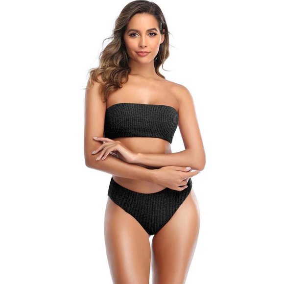 Sechico Women Lace Up Bandeau Bikini Set Strapless Back Adjustable Bathing Suit